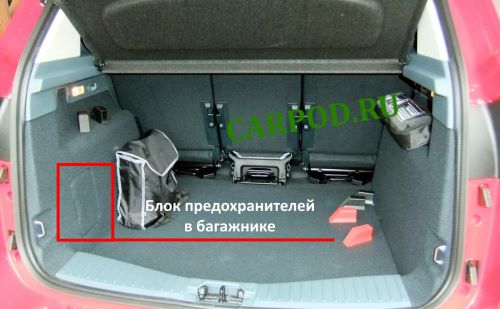 Месторасположение блока предохранителей в багажном отсеке автомобиля. 