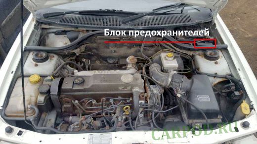 Место размещения блока предохранителей в подкапотном пространстве автомобиля.