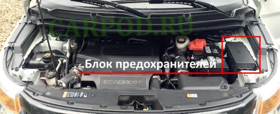 Местонахождение блока предохранителей в подкапотном пространстве автомобиля.