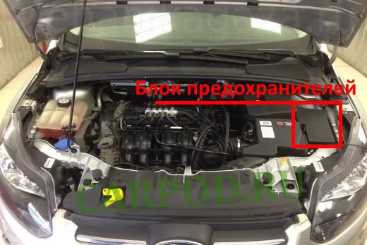 Место размещения предохранителей в подкапотном пространстве автомобиля.