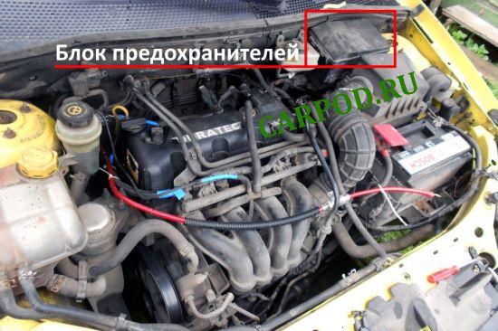 Местонахождение блока предохранителей в подкапотном пространстве автомобиля.
