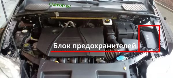 Место размещения монтажного блока предохранителей в подкапотном пространстве автомобиля.