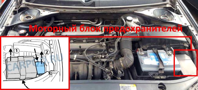 Место размещения блока предохранителей в подкапотном пространстве автомобиля.